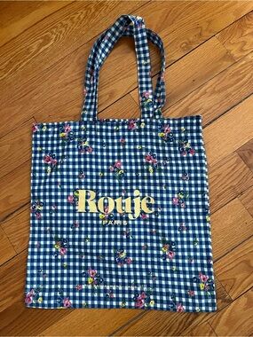 Rouje Blue Gingham Floral Logo Tote